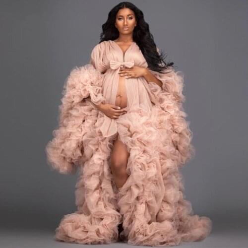Pink Ruffles Maternity Dress Women Sexy Kimono Pregnant Party Sleepwear Bathrobe Sheer Nightgown Robe Shawel