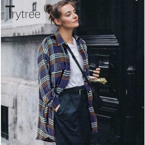 Trytree 2021 Spring Autumn Women Blouse Casual Turn-down Collar Pockets Thick Long Shirts Office Lady Plaid Tops For Women