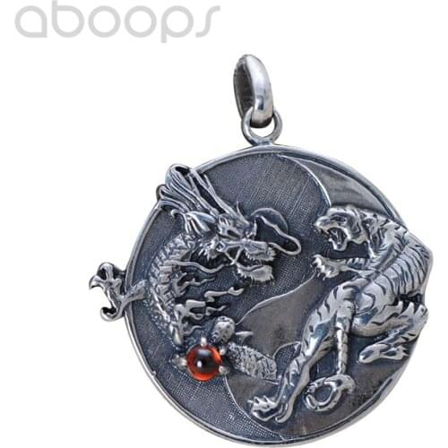 Vintage 925 Sterling Silver Yin Yang Pendant with Dragon and Tiger for Men Boys,Free Shipping