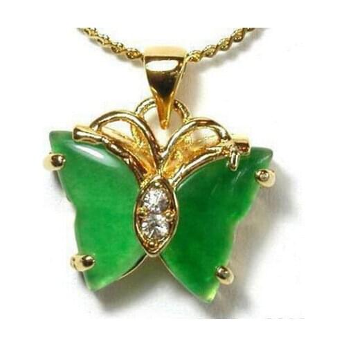 Green Jade 18KGP Crystal Butterfly Pendant & Necklace AAA
