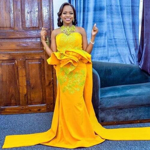 African Mermaid Prom Dresses With Peplum Ruffles Lace Appliques Sequins Plus Size Evening Dress Sexy Back Extra Train Party Gown