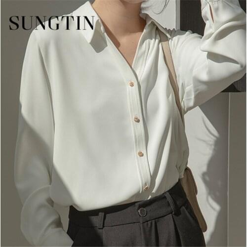 Sungtin Long Sleeve White Office Lady Shirts Women Spring Fashion Button Up Blouse Shirt Vintage Straght Chiffon Solid Shirts OL