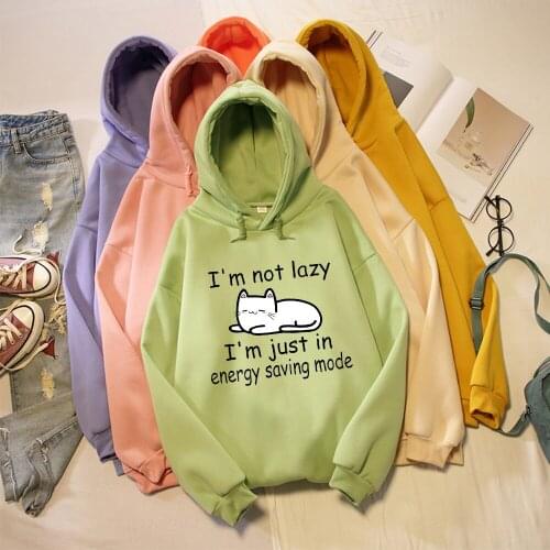I Am Not Lazy Letter Print Cat Cartoon Print Warm Oversized Hoodie Kpop Sweatshirt Harajuku Streetwear Kawaii Womens Jacket