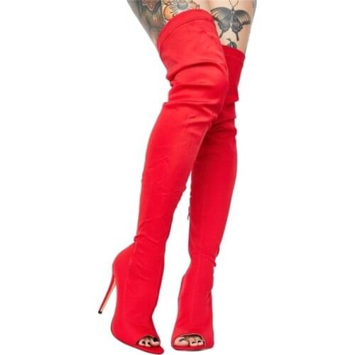 Big Size Sexy Stretch Fabric Upper Peep Toe Women Over Knee High Boots Thigh High Slip-on Women Stiletto High Heels long Booties