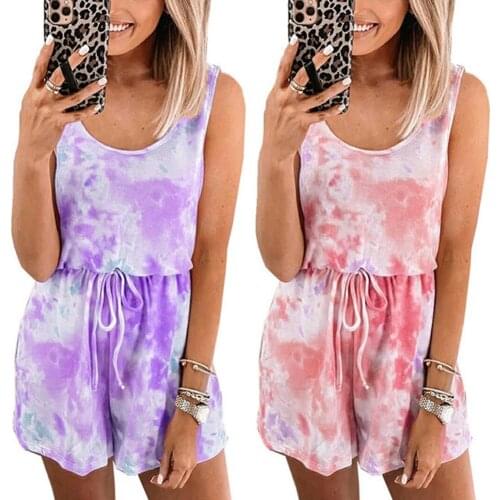 Women Fashion Jumpsuit Sleeveless O Neck Drawstring Tie Dye Playsuit Romper Drawstring Tie Dye blouse