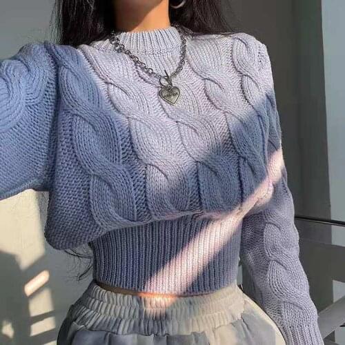 Biggorange 2021 autumn and winter retro thick twist knit pullover sweater women short waist round collar Solid sweaters fashion