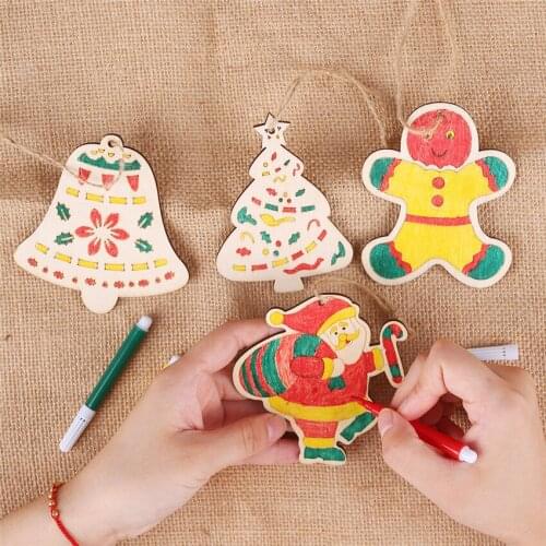 1 Set Wooden Kids DIY Color Painting Christmas Ornaments Cute Santa Claus Graffiti Art Crafts Toys Pendants Xmas Tree Decoration