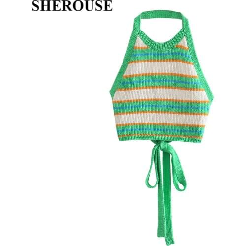 2021 Summer Crop Top Women Striped Bow Halter Backless Tops Chic Lady Fashion Sexy Woman Tops