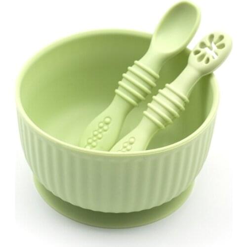 3Pcs Baby Silicone Suction Bowl Spoon Fork Learning Training Feeding Set Utensil