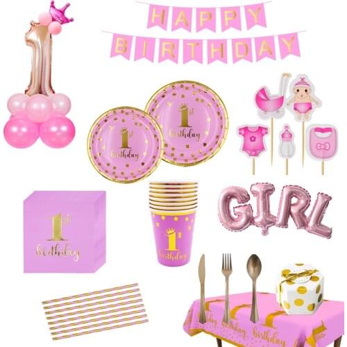 Baby Shower boy gigrl 1st Birthday Disposable Tableware Blue pink Plate Cup Napkin One Year First Birthday Party Decor Supplies