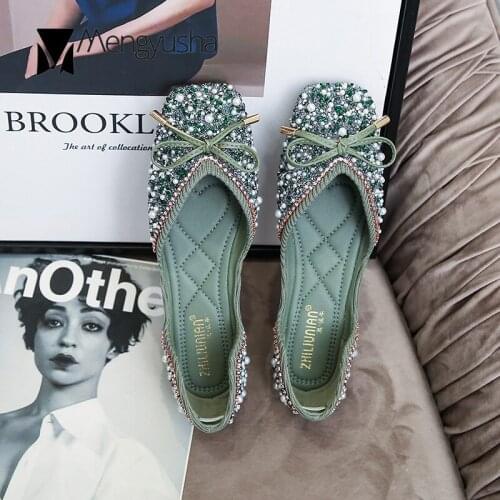 Pearl crystal studs bow-tie flats ballet shoes women slip on shallow mouth loafers stretch fabric beads rivets moccasins femme