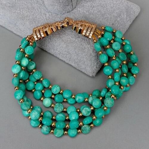 YYGEM ethnic style 6 Strands Faceted Coin Shape Green Turquoise Bracelet Cubic Zirconia Pave Clasp 8.5" for women