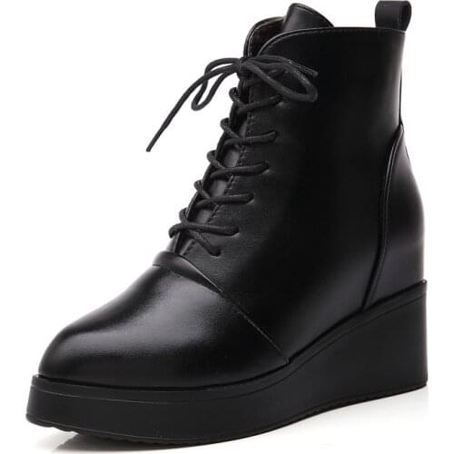 Black Platform Boots Women Motorcycle Casual Punk Boots Heels 8CM Womens Leather Booties Thick Bottom Wedge Boots Ankle Shoes
