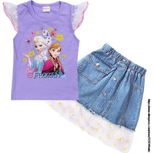 Disney 2 pcs Children Sets For Girls Denim Skirt +T-shirt Summer 2-14Y Blue Suit Skirt And Frozen Elsa Top Baby Girl Clothes Set