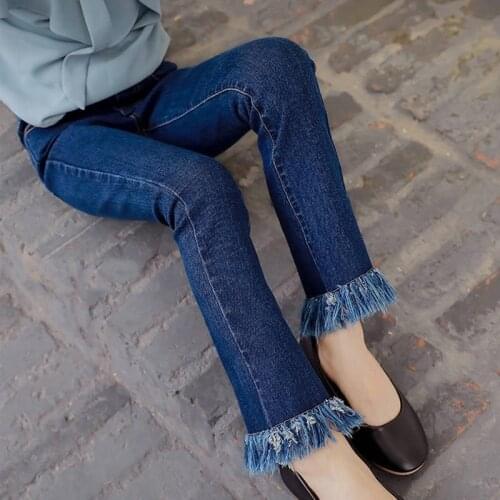 0-12 Year Girls' Jeans Spring And Autumn 2021 New Childrens Long Pants, Big Childrens Slim Stretch Fringed Flared Pants