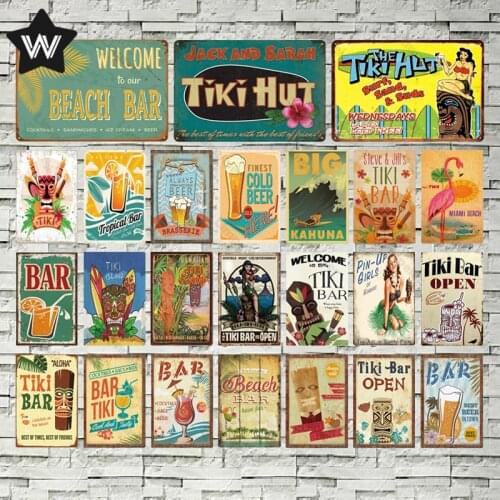 Welcome Sign Beach Bar Metal Poster Jack and Sarah Tiki Hut Tinplate Vintage Wall Sticker Metal Sign Tin Sign for Club Bar Decor