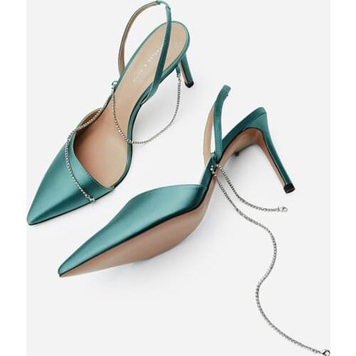 2020 Summer New Chain Pointed Toe High Heels Hollow Back Strappy Sexy Crystal Womens Shoes