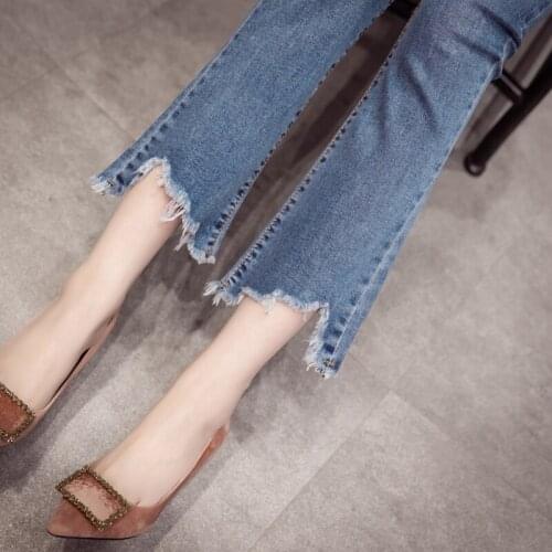 New spring and autumn high waist was thin and elastic skinny wear nine points light-colored raw flared pants