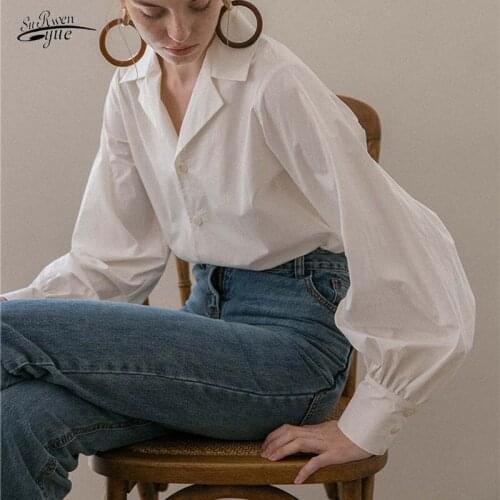 New style single-breasted plus size blouse casual ladies lantern sleeve cotton blouse blouse retro white blouse dress 13476
