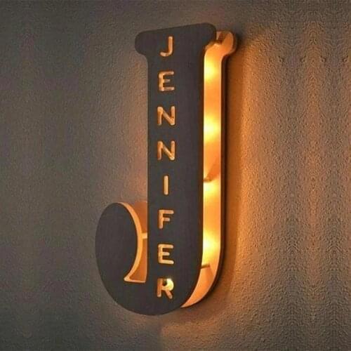 Personalized Wall Decor LED Night Light 24 Letter With Name Sign Light for Couples Baby Room Bedroom Custom Wooden Lamp Engraved