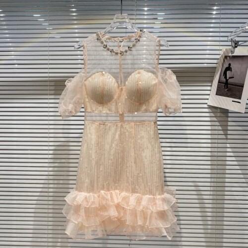 Sexy Dress Women 2021 Summer New Fashion Rhinestone Neckline Sequined Elegant Lady Mesh Fairy Dresses Vestidos Femme