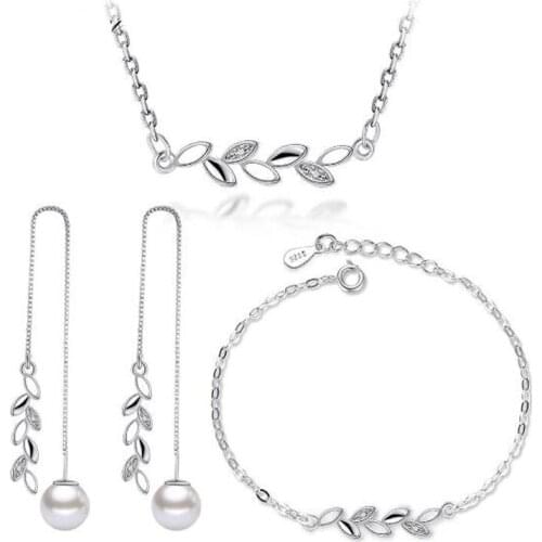 Simple 925 Sterling Silver Jewelry Sets Branch Leaves Zirconia Necklace+Earrings+Bracelet For Women Girl Gift