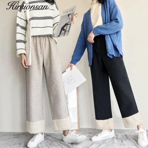 Hirsionsan Straight Loose Thicken Pants Women Winter Solid High Waist Wide Leg Pants Korean Lambswool Splice Female Trousers