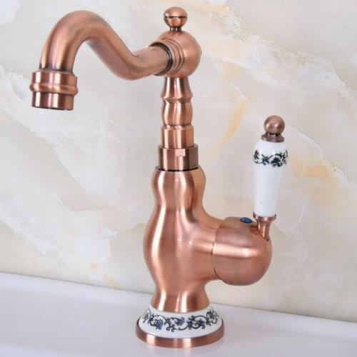 Antique Red Copper Swivel Singe Handle Bathroom Basin Kitchen Deck Mounted Sink Mixer Tap Faucet lnf639
