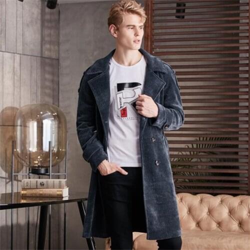 Knee-length corduroy trench coats mens windbreaker large size autumn winter fashion lapel long-sleeved mid-length clothes