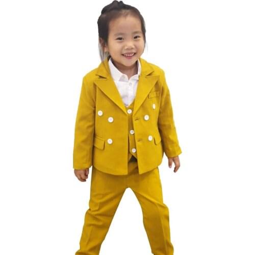 Children Formal Yellow Dress Suit Set Spring Boys Girls Double-breasted Blazer Vest Pants Clothes Set Kids Wedding Party Costume