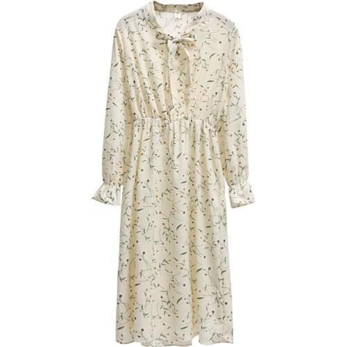 PERHAPS U Beige Yellow Navy Chiffon Floral A-line Empire Dress Bow Collar Floral Long Sleeve Knee Length Dress Spring D0993