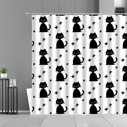 Cartoon Animal Cat Shower Curtain Black White Printed Childrens Curtains Home Bathroom Decorative Screen Waterproof Polyester
