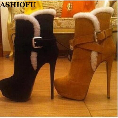 ASHIOFU Handmade Women High Heel Boots Short-plush Sexy Club Ankle Boots Buckle Strap Winter Platform Fashion Daily Wear Boots