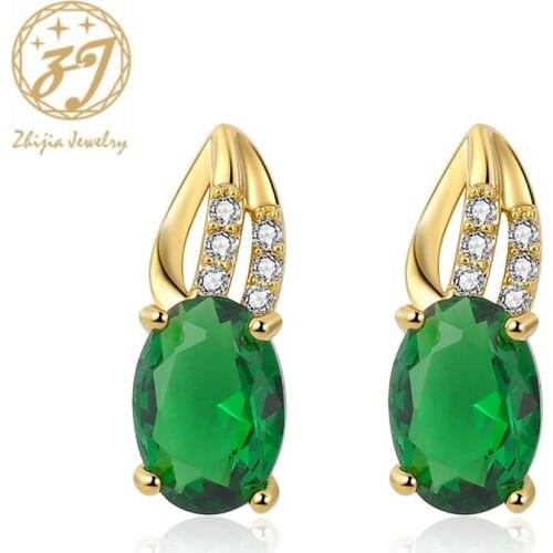 Zhijia fashion Geometric design crystal rhinestone green zircon stud earrings for female party dress accessories