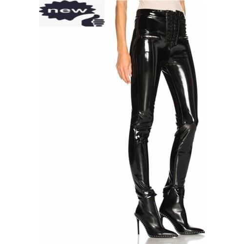 Spring Punk Street Bandage Cross Skinny Pencil Pants European Black Zipper PU Leather Trousers Women