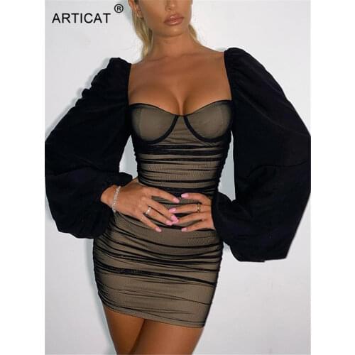 Articat New Lantern Sleeve Mini Dress Women Sexy Black Strapless Party Club Wear 2021 Fashion Ladies French Romantic Vestidos