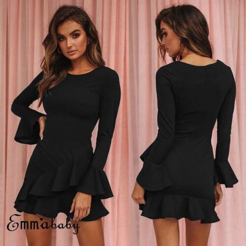 Hirigin Ruffles Dress Pure Black Women Mini Dress Long Sleeve Slim Bodycon Dresses Sexy Summer Dress Women Outfits