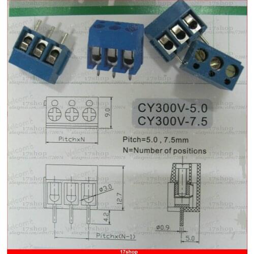 10 pcs Blue Pitch 5.0mm 3pin/way Screw Terminal Block Connector CY300V-5.0