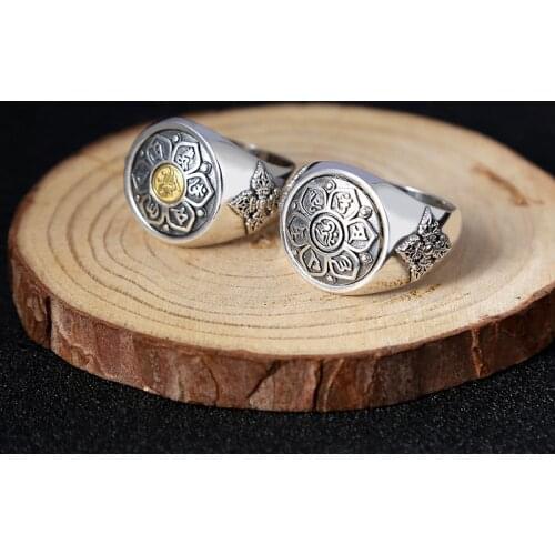 100%925 sterling silver fashion personality mans Thai silver retro ring six-character mantra turning ring with peace