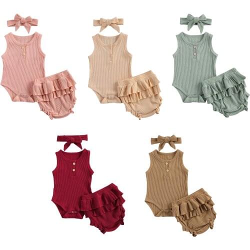 2021 Casual Baby Girl Clothes 3pcs Summer Button Fresh Solid Color Sleeveless Jumpsuit+ Ruffles Short Pants +Headband 0-24M 3pcs