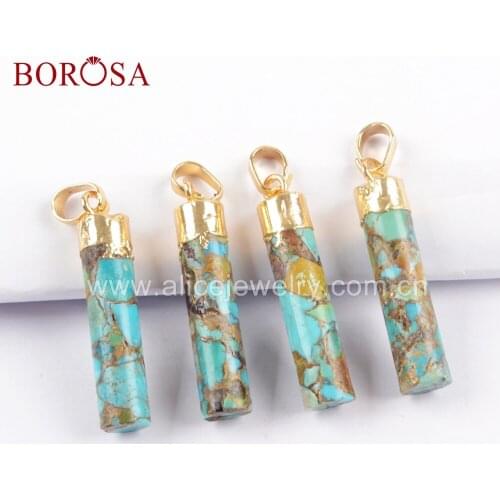 BOROSA 5PCS Fashion Cylinder Natural Turquoises Gold Color Turquoises Druzy Pendant for Necklace Jewelry G1688