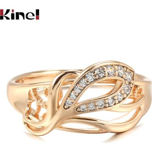 Kinel New White Natural Zircon 585 Rose Gold Ring Hollow Crystal Flower Ethnic Bride Wedding Ring for Women Vintage Fine Jewelry