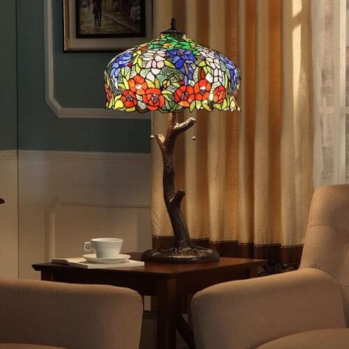 FUMAT Stained Glass Tree Art Decor Desk Lamp Tiffany Style Rose Purplevine Shade Table Light Colorful Antique Luxurous Dia16Inch