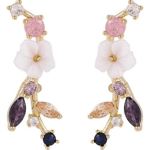 Korean Forest Sweet Girl Elegant Leaf Flower Earrings Delicate and Versatile Color Zircon Earrings