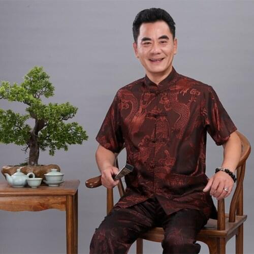 Short Sleeve Long Pants Kung Fu Suit Plus 4XL New Chinese Mens Tang Suit Sets Dragon Satin Silk Wu Shu Tai Chi Sets For Father