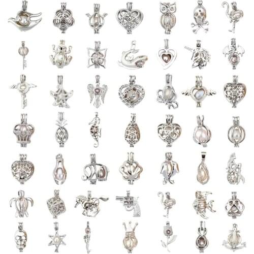 Bulk！Oyster Pearl Beads Cage Locket Pendant Essential Oil Diffuser Silver Plated Multiple Styles Mix DIY Necklace Pendant