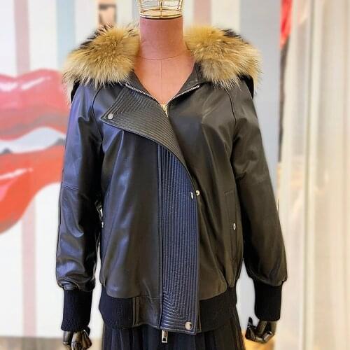 Mayloufer Genuine Leather Jacket 100% Real Sheepskin Coat Big Removable Natural Raccoon Fur Collar Hood Long Sleeves