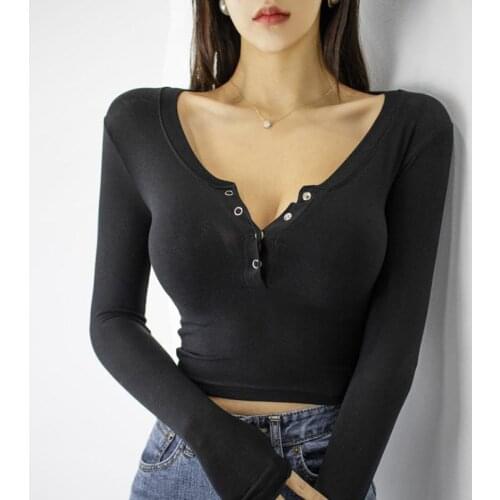 Korea Show Lean V-neck Single Breasted Long Sleeve Autumn Sexy T-shirt Female Slim Sexy Hot Girls Female Elastic S275
