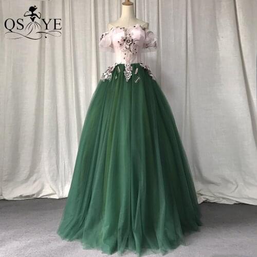 Pink Green Prom Dresses Side Sleeves Flowers Evening Dress Off Shoulder Embroidery Lace Blue Puffy Tulle Prom Party Gown