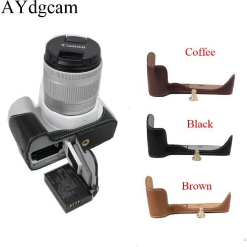 Genuine Leather Camera Bag Half Case Bag For Canon 200D Btootm Cover Open battery Black Coffee Brown